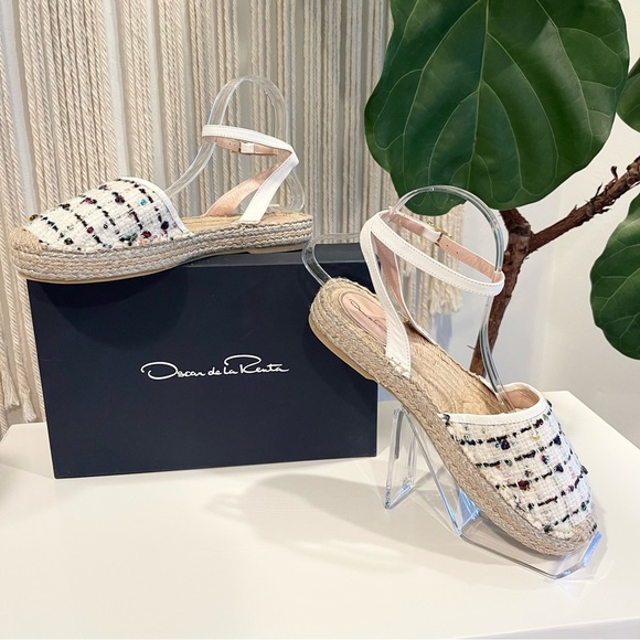 NEW Oscar de la RentaTina Tweed Espadrille Flats Sandals Shoes